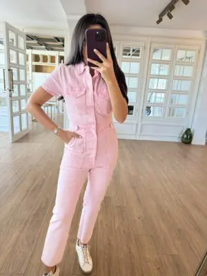 Toz Pembe Yıkamalı Kısa Kol Jean Tulum