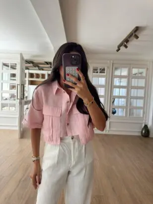 Nora N'Miss Pembe Cep Detaylı Düğmeli Crop Keten Gömlek