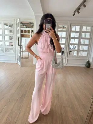 Toz Pembe Halter Yaka Şifon Tulum
