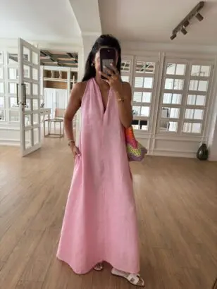 Smile NM Pembe Sırt Detaylı V Yaka Premium Keten Elbise