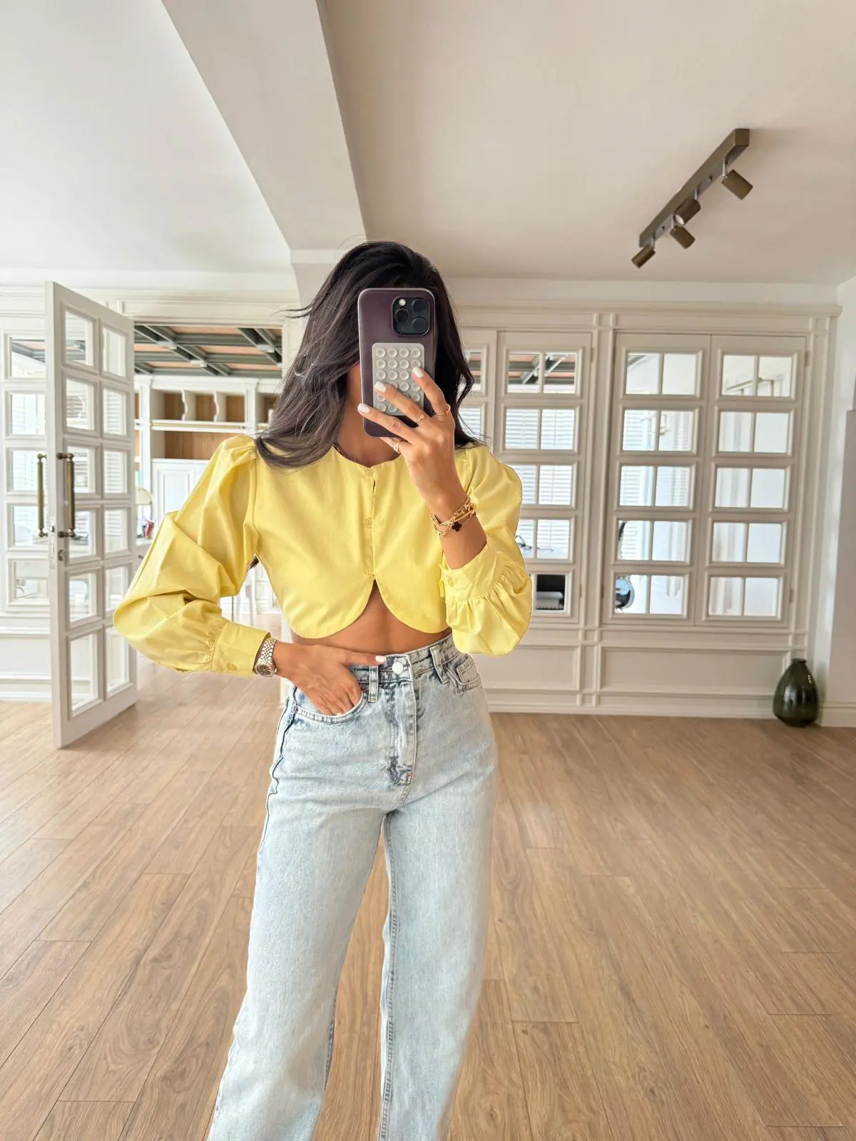 Odink Balon Kol Sedef Düğmeli Crop Gömlek