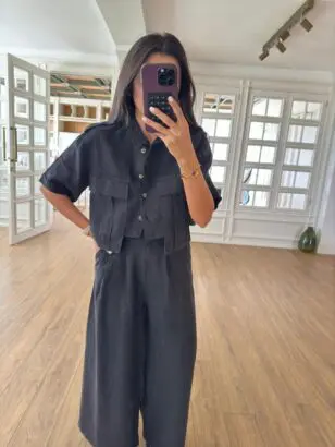 Tanus N'Miss Siyah Cep Detaylı Düğmeli Crop Keten Gömlek