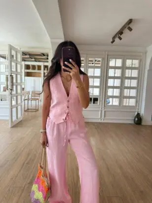 Daillar Pembe Dört Düğmeli Keten Yelek