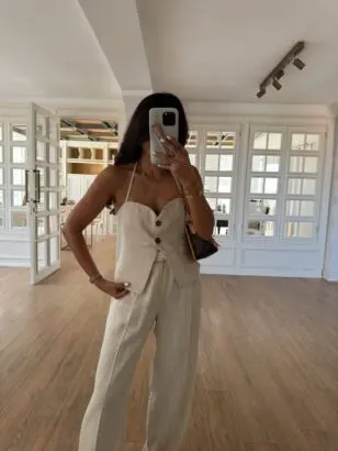 Mabel Qz Taş Boyundan Bağlamalı Çift Düğmeli Büstiyer