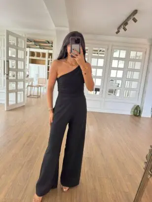 Brisa Siyah Toka Detaylı Tek Omuz Tulum
