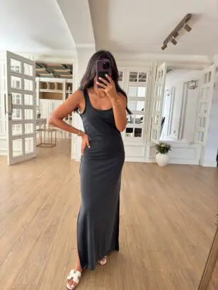 Tie Antrasit Kare Yaka Yan Yırtmaçlı Askılı Modal Elbise