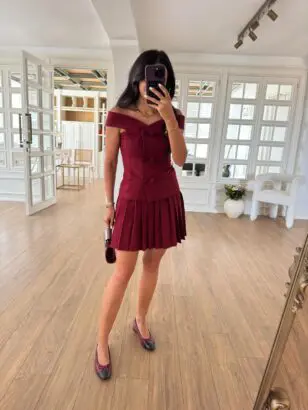 Different Bordo Pileli Etek Omuz Detaylı Bluz Takım