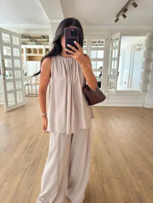 Briena Natural Vizon Kolsuz Bluz-Pantolon Takım