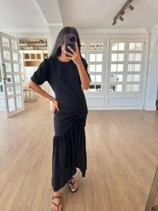 Bernice Önden Ayarlama Büzgülü Siyah Elbise