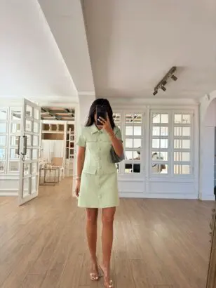 Tüvit Fıstık Yeşili Süs Cep Detaylı Premium Mini Elbise