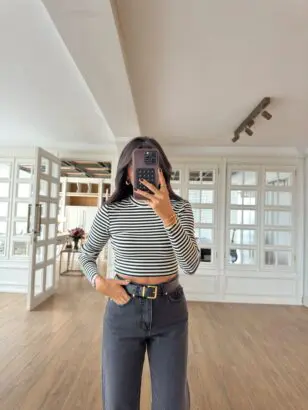 Ello Dilvin Ekru-Siyah Çizgili Uzun Kol Basic Top