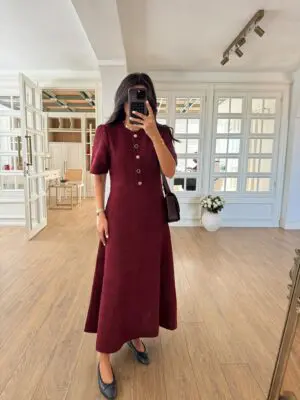 Terry Bordo Gold Düğme Detaylı Maxi Tüvit Elbise