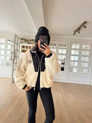 Kendy Ekru Paraşüt Kumaş Detaylı Fermuarlı Peluş Ceket