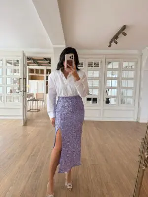 Tiffiny Lila Payetli Yırtmaçlı Midi Boy Etek