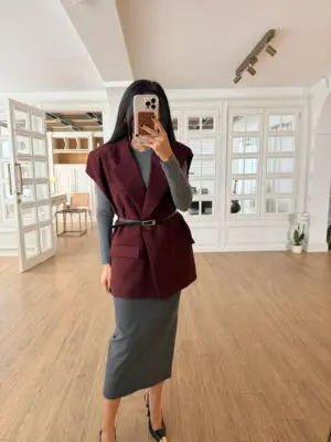 Onohod Bordo Kemer Detaylı Oversize Yelek