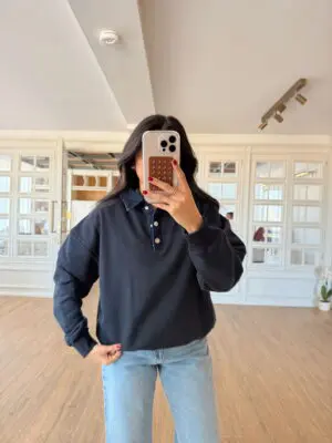Animes Lacivert Jean Polo Yaka Düğme Detaylı Sweat