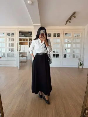 Gapy Beyaz Poplin Gömlek Detaylı Kemerli Maxi Elbise