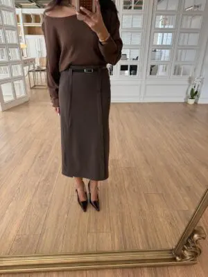 Kahve Kemerli Yırtmaçlı Midi Etek