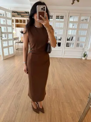 Kahve Sıfır Kol Süs Kemer Detaylı Elbise