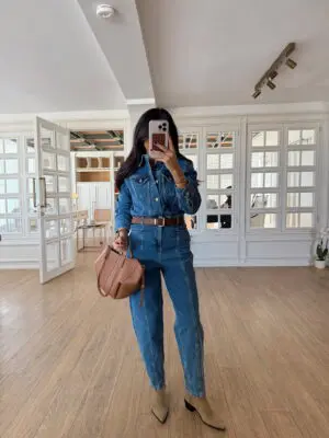 Ouble Mavi Dikiş Detaylı Düğmeli Jean Tulum
