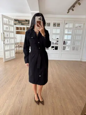 Kraft Gümüş Düğmeli Siyah Kuşaklı Jean Elbise