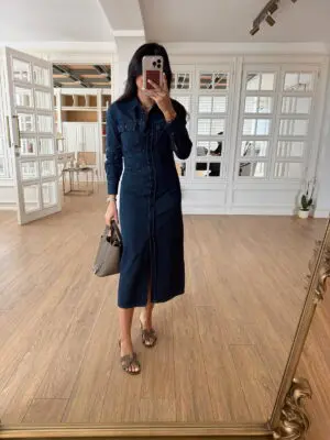 Ostella Lacivert Cep Detaylı Boydan Düğmeli Jean Elbise