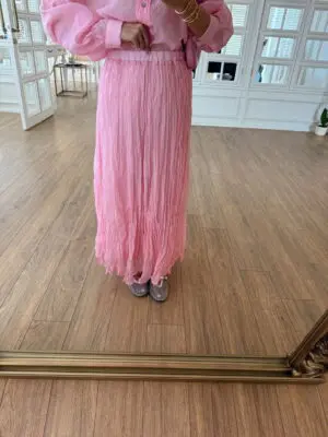Barine Pembe İç Astarlı Beli Lastikli Kırışık Etek