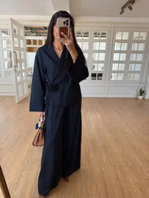 Gia Lacivert Gül Detaylı Kimono Takım
