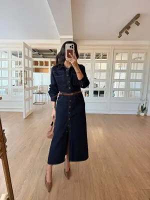 Gold Düğmeli Kemerli Jean Elbise