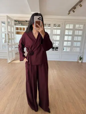Mia Bordo Gül Detaylı Kimono Takım