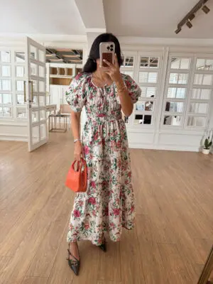 Giana Taş Renkli Çiçekli Balon Kol Elbise