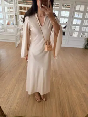 Gale Bej/Şampanya V Yaka Volan Kol Maxi Saten Elbise