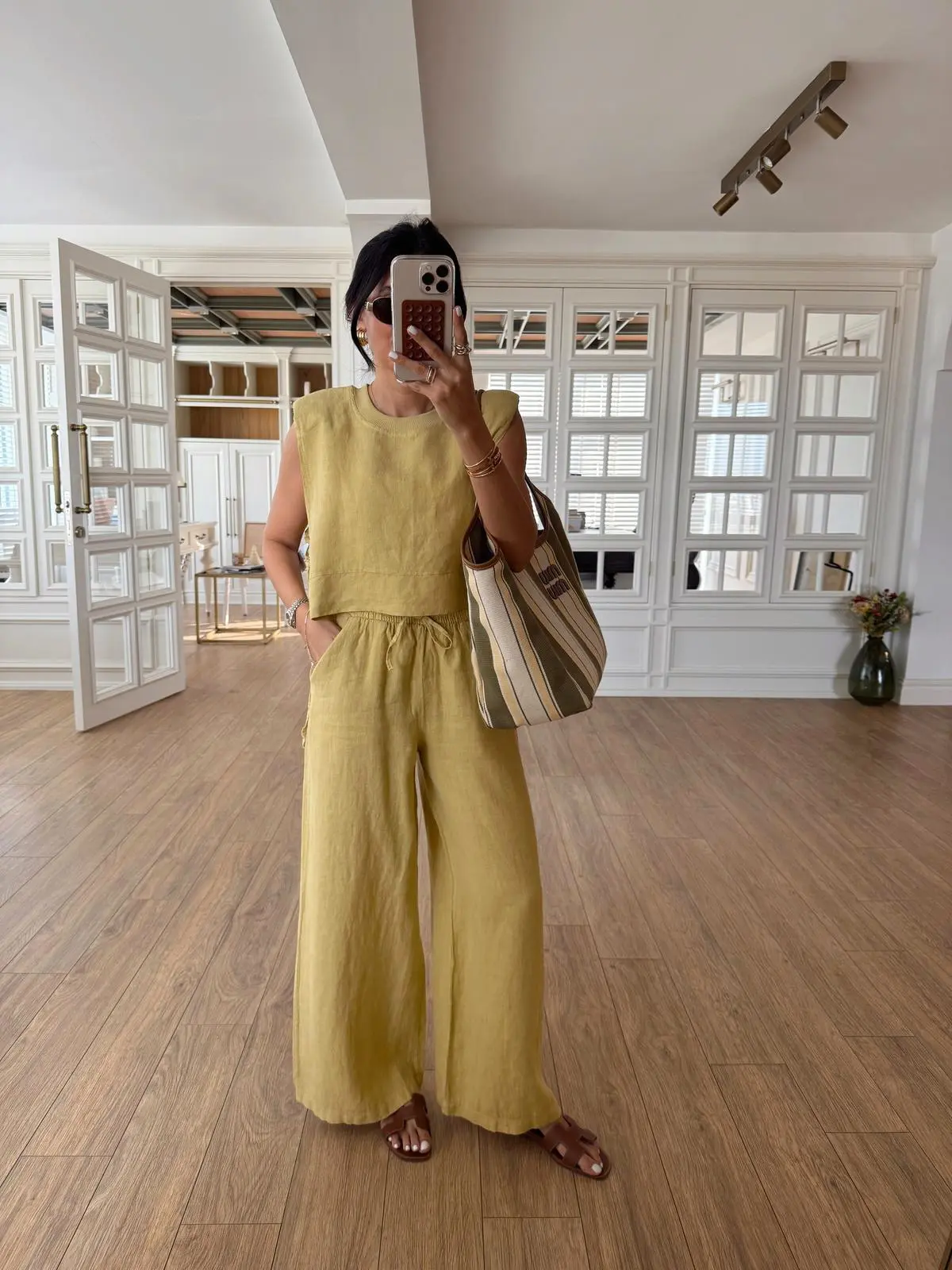 Rainel Again Ayana Bağlamalı Premium Bluz-Pantolon Keten Takım