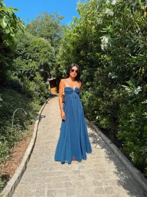 Beyaz Puantiyeli Lacivert İp Askılı Maxi Elbise