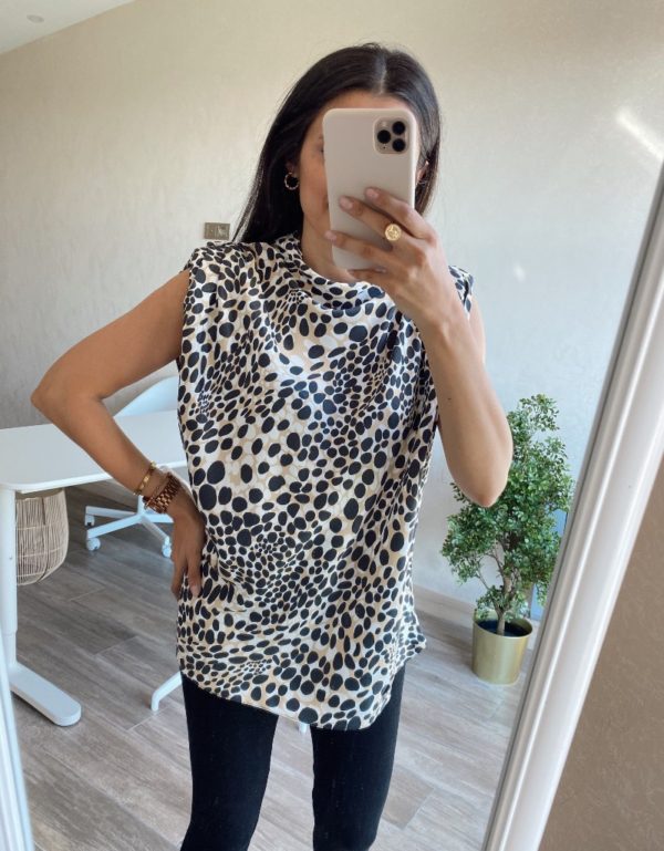 Leopar Desen Vatkalı Saten Bluz