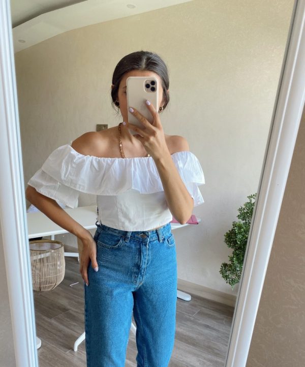 Beyaz Fırfır Detaylı Poplin Bluz