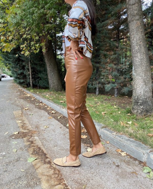 Taba Ultra Yüksek Bel Deri Pantolon
