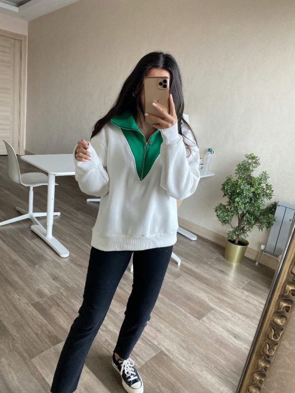 Yeşil Ekru Fermuarlı Sweat