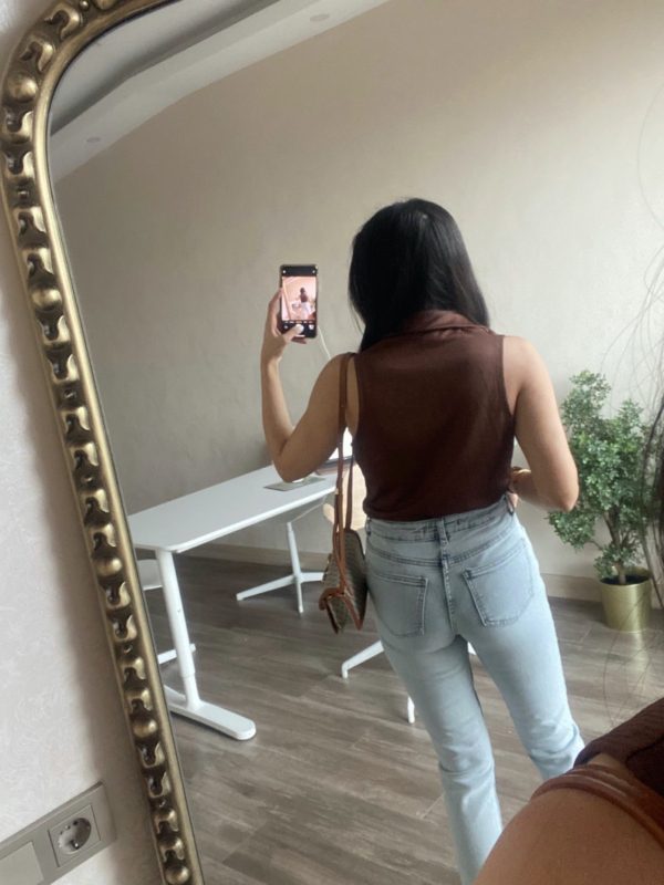 Kahve Yakalı Fermuarlı Bodysuit