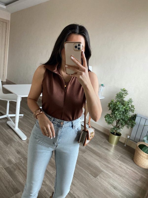 Kahve Yakalı Fermuarlı Bodysuit