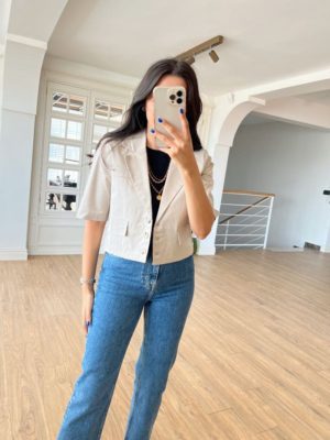 Bej Kanvas Crop Ceket