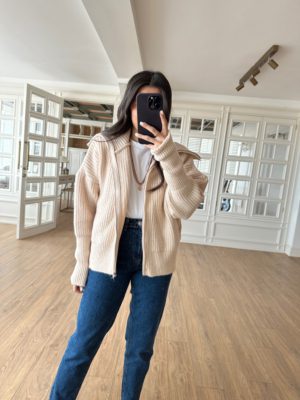 Selanik Vanilya Fermuarlı Kamyoner Yaka Triko