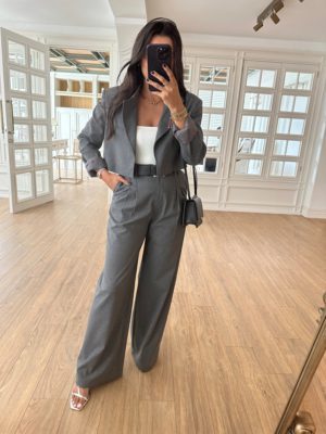 Kendall Füme Vatkalı Crop Ceket-Pantolon Takım