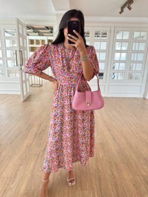 Arka Düğme Detaylı Pembe-Turuncu Çiçekli Elbise