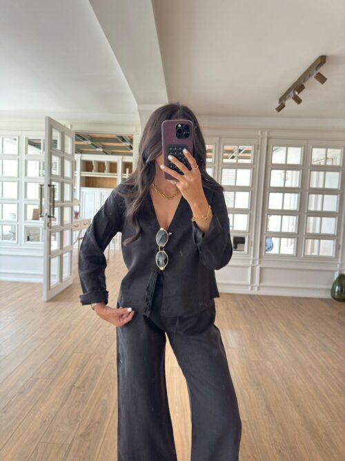 Davina Siyah New'M Keten Önden Bağlamalı Uzun Kol Bluz