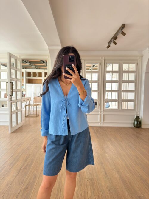 Ocran Mavi New'M Keten Önden Bağlamalı Uzun Kol Bluz
