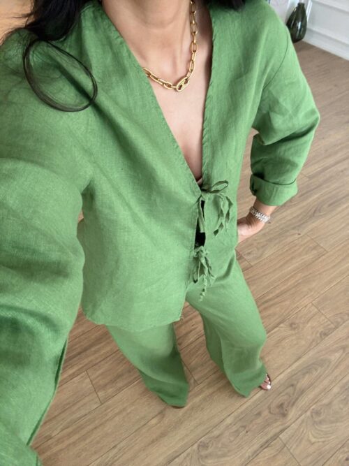 Yeşil New'M Keten Önden Bağlamalı Uzun Kol Bluz